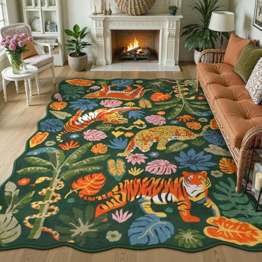 LEEVAN Jungle Animal Nursery Rugs 5x7, Washable Green Tiger Living Room Rugs Non Slip Scalloped Tiger Bedroom Rug, Low Pile Leopard Floor Carpet Leaf Print Kids Rug