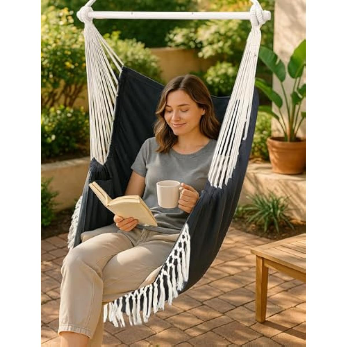 Chihee Hammock Chair Hanging Swing Max 500 Lbs 2 Cushions Included Steel Spreader Bar with Anti-Slip Grooves Portable Hanging Chair Side Pocket Large Macrame Bohemian Chair Indoor Outdoor