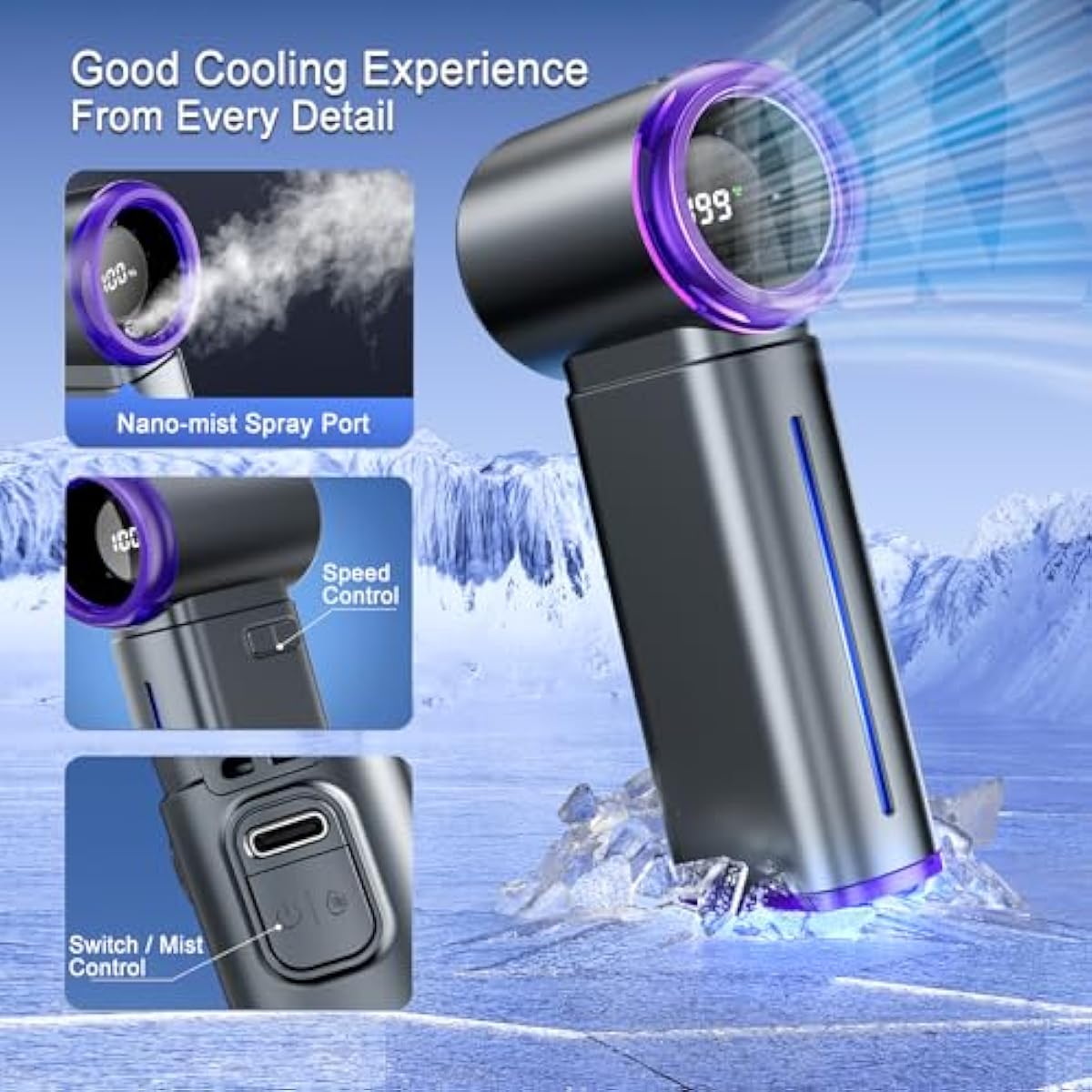 Portable Handheld Fan, Powerful Mini Hand Held Fan, 5000mAh Rechargeable, Digital Display, 1-199 Speeds Adjustable, Personal Fan for Travel Outdoor Camping Home Makeup Commuting, Gifts for Women Men