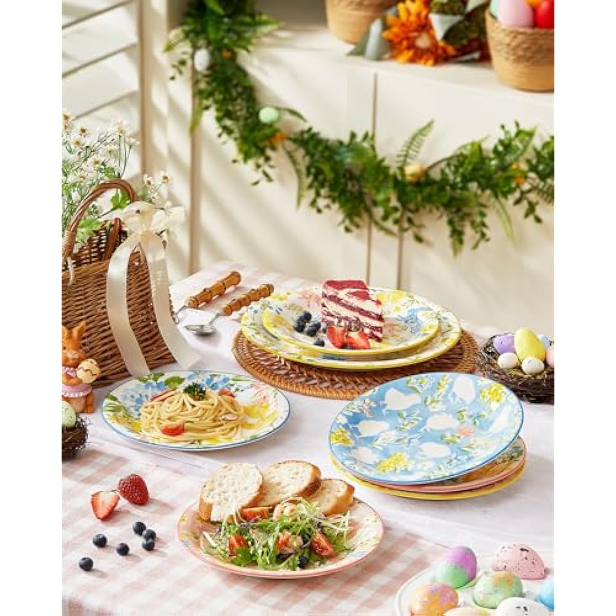 Easter Salad Plates, 8" Ceramic Bunny Plate Set, Dessert Appetizer Dishes Set of 6, Watercolor Style, Dishwasher & Microwave Safe, Set of 6