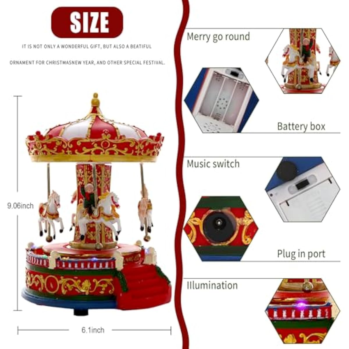 Christmas Carousel Figurines Decoration Christmas Village House Musical Carousel with 6 Moving Horses Go Round, 8 Pieces of Music Snow Globe, Music Box for Girl and Boy Kids (Carouel)