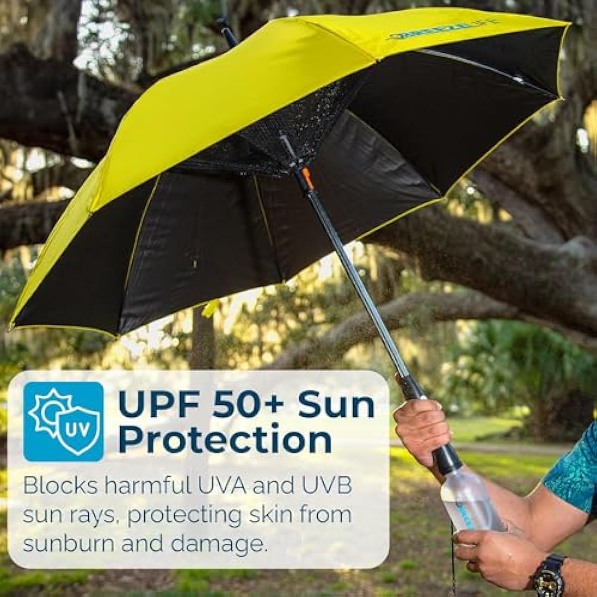 Breeze Life Original Mister Breeze (Silver Design) – Sun Umbrella with Fan and Mist Spray – Portable Fan Umbrella with Mister, 41" UV Shade, 3–4 Hr Runtime – Ideal for Festivals, Beach & Sports
