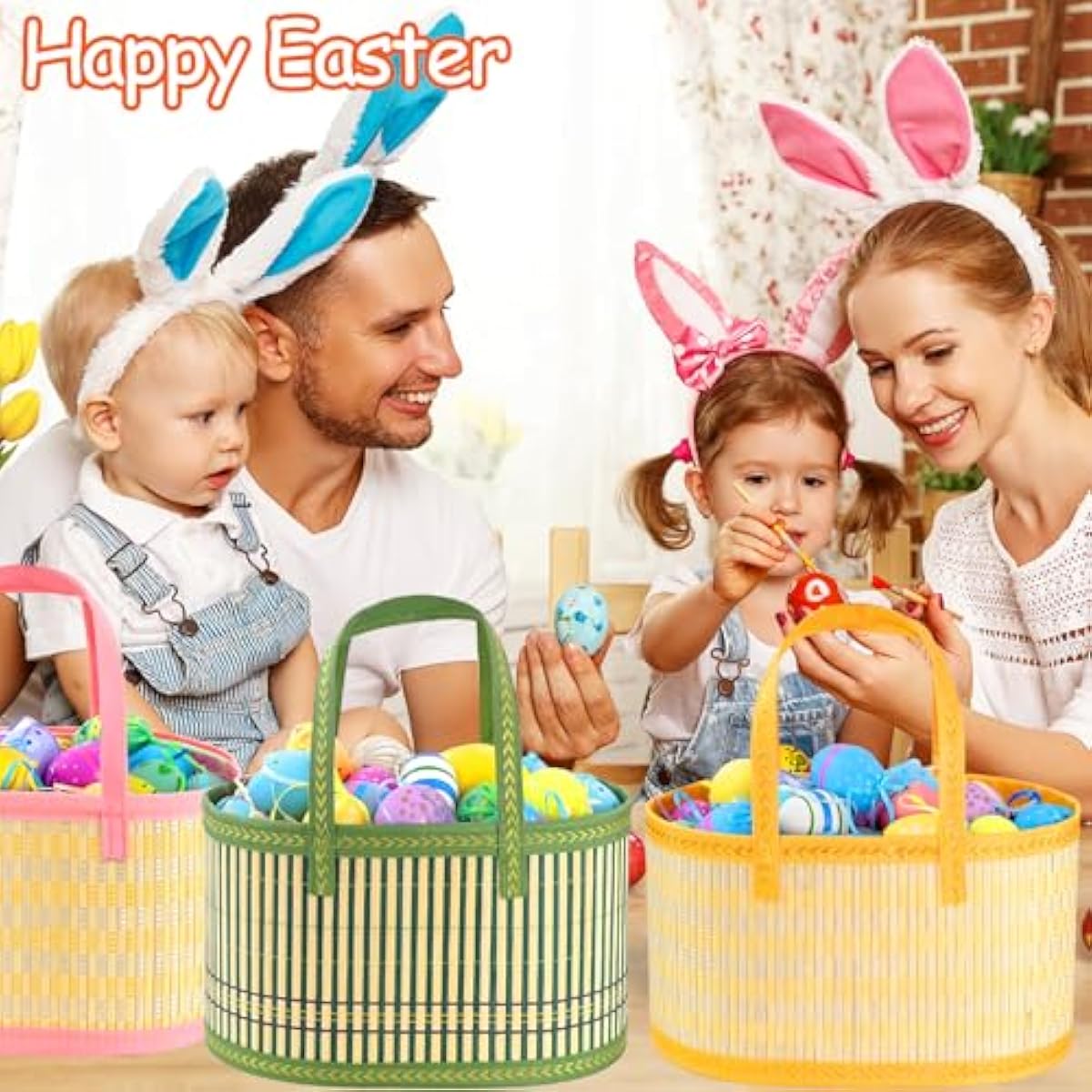 4Pcs Foldable Easter Woven Bamboo Baskets Empty, Oval Easter Basket Bulk Set with Handle, Large Easter Baskets for Easter Egg Hunt Party Favor Picnic Supplies Gift Packing - Pink Yellow Green Blue