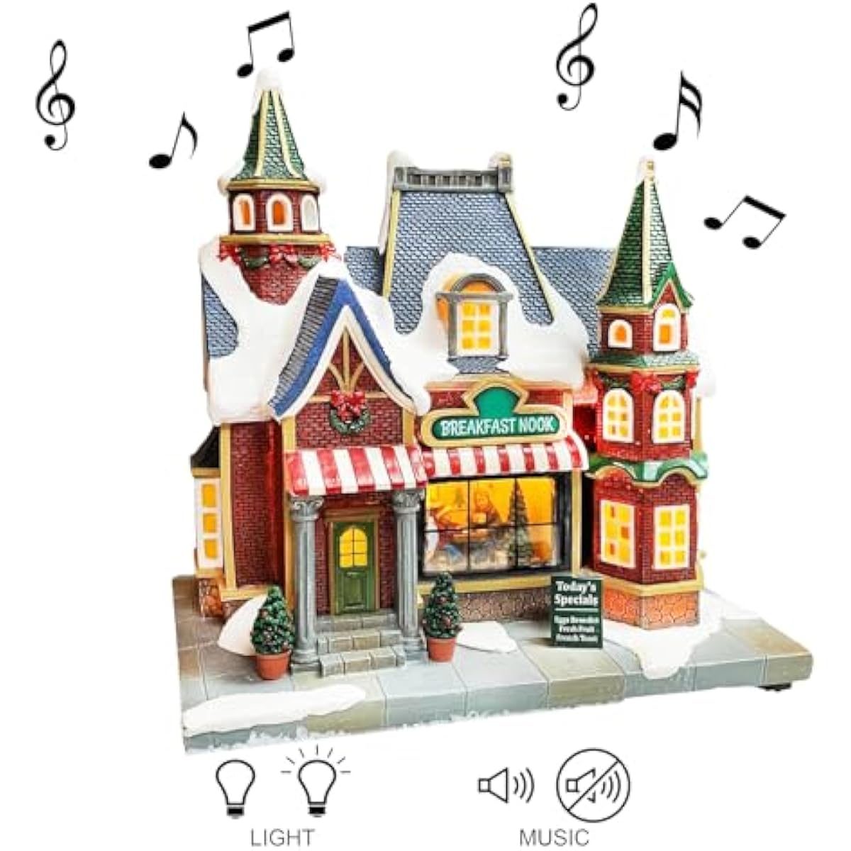 MOMENTS IN TIME Lighted Christmas Village Building Breakfast Nook LED Lights Music Battery Operated Plays 8 Holiday Songs Optional 4.5V Adapter Gift Wrapped Ready Décor