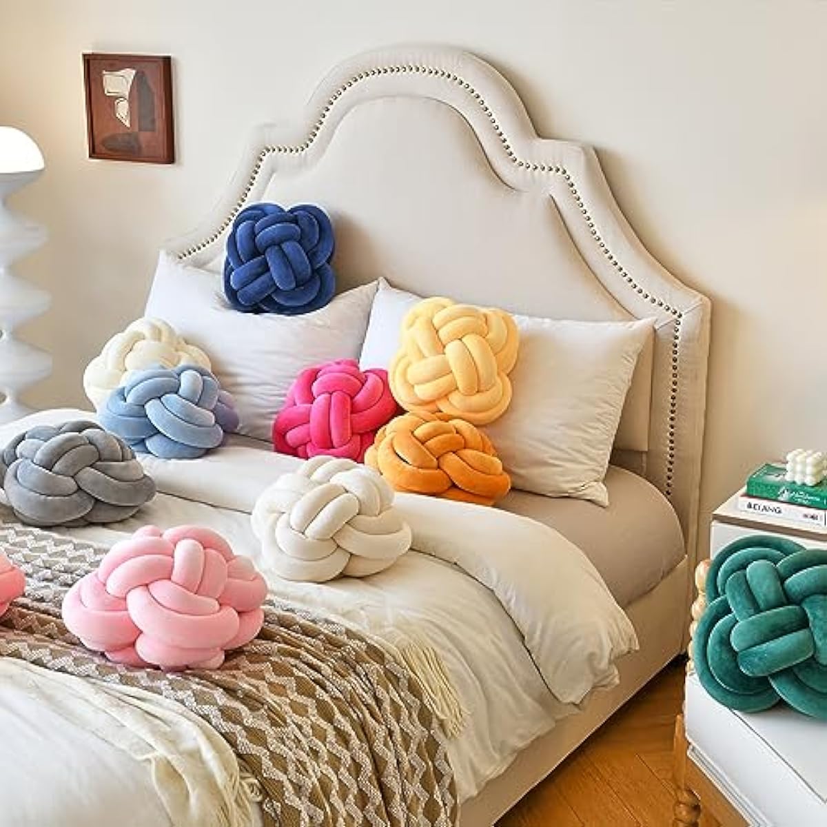 Xuyier Knot Pillow Ball, Decorative Throw Pillows with Velvet Fabric for Couch Bed, 12" Decor Knotted Square Floor Pillow Cushions for Living Room (12 Inches, Beige)