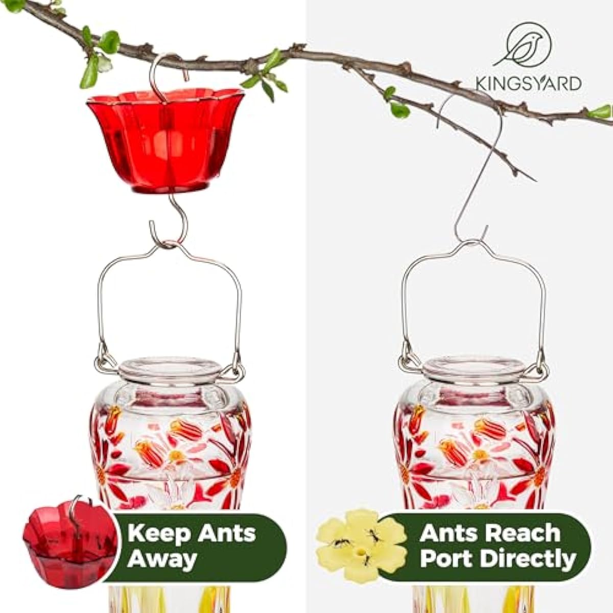 Kingsyard Glass Hummingbird Feeders for Outdoors Hanging, 25 oz Leak Proof Hummingbird Feeder with Ant Moat & 6 Bee Proof Feeding Ports, Red