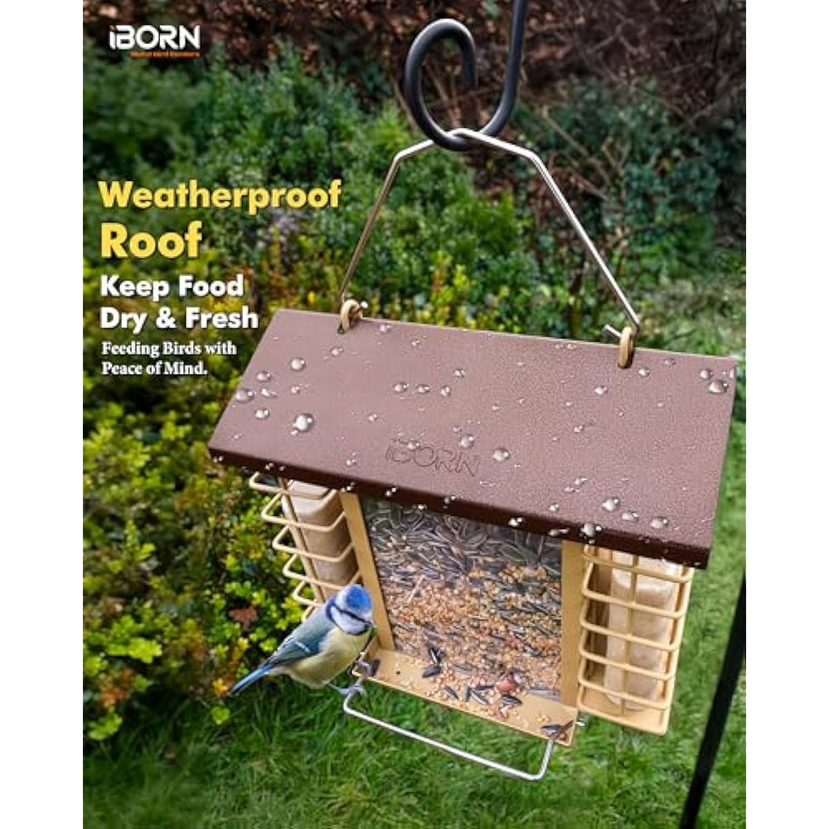 iBorn Bird Feeders for Outdoors,Bird Feeder with Double Suet Holders,Suet Feeder for Outside,Weatherproof Metal Roof,Easy to Refill&Clean,3.2 LBs Seed Capacity+2X Cake,1 Pack,Coffee Roof & Yellow Grid