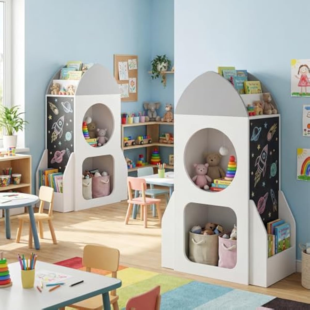 Costzon Rocket Kids Bookshelf, Toddler Toy Storage Organizer w/Chalkboard, 2 Cubbies and Open Shelf, Wooden Children Bookcase for Classroom, Playroom, Daycare, Nursery (White Rocket)
