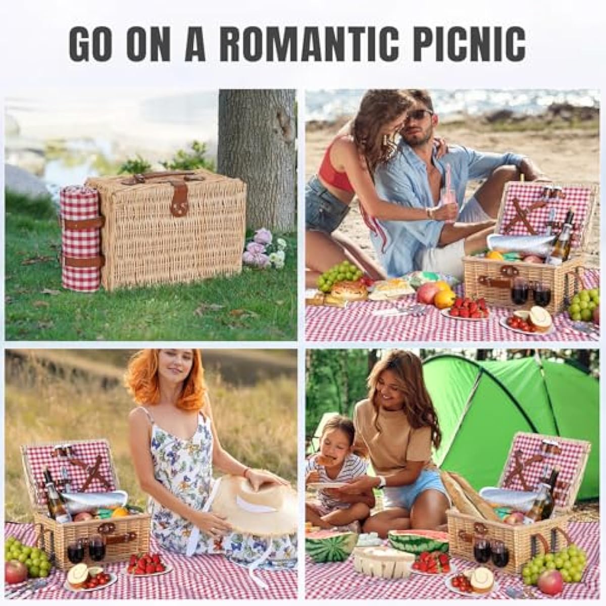 HappyPicnic Picnic Basket Set for 2 - Wicker Picnic Basket with Waterproof Blanket & Insulated Liner, Large Handmade Willow Hamper with Cutlery Kit for Outdoor, Picnic, Camping, Party, Holidays (Red)