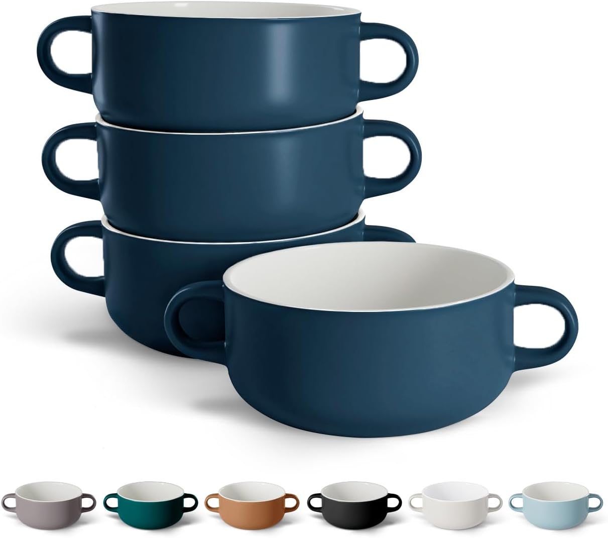 Kook Soup Crocks, Ceramic Bowls, Broil, Oven, Microwave and Dishwasher Safe, with Handles, For Casserole, Pasta, Cereal, 18 oz, Set of 4 (Pale Blue)