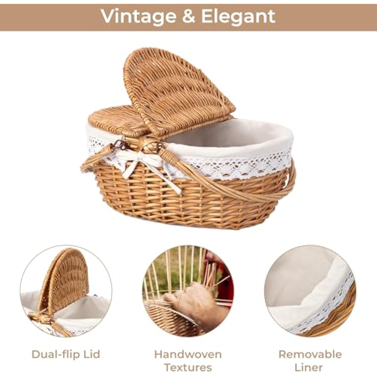 GRANNY SAYS Picnic Basket, Wicker Basket with Lid, Woven Cute Basket with Handle, Storage Basket with Washable Lining & Dual-Flid Lid, Natural Willow Picnic Hamper, White Lining