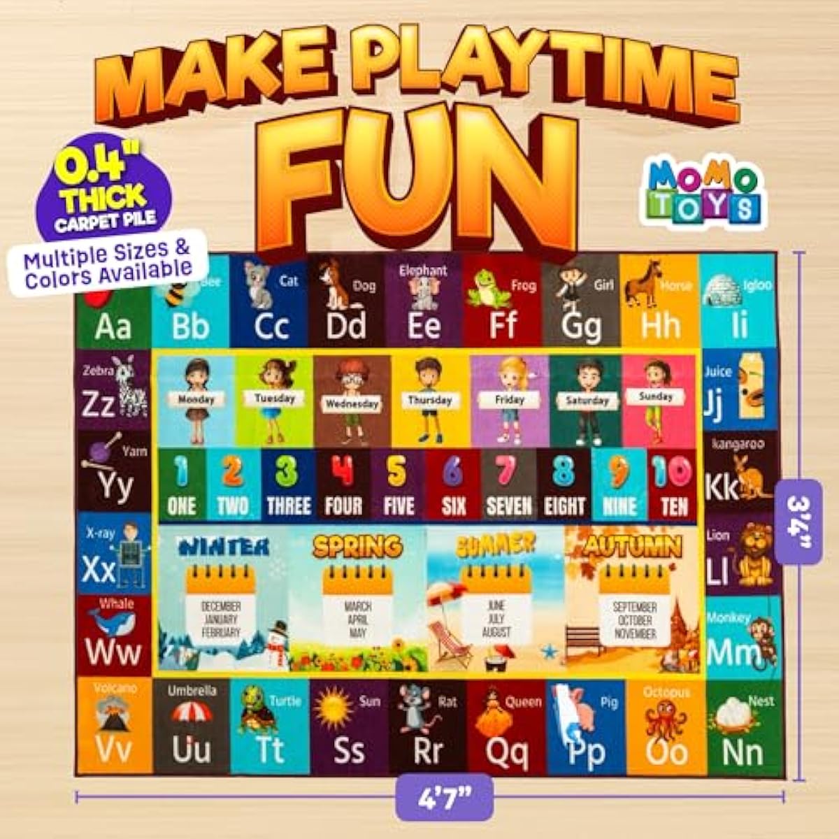 Educational Rug – Non-Slip ABC Carpet for Kids Room – 55" x 39" Soft Alphabet Kids Rug for Playroom, Daycare, Preschool, Classroom, Play Mat – Childrens ABC Mat with Letters Numbers Animals Months