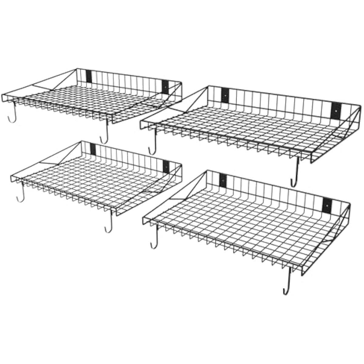 4 Pack Garage Wall Shelf, Garage Wall Mounted Shelving, Heavy Duty Floating Shelves With 8 Hooks, Loads 180 LBS Black Wall Shelves Mesh Storage Rack for Office, Basement, Wall Cabinet and Kitchen