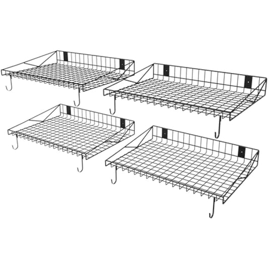 4 Pack Garage Wall Shelf, Garage Wall Mounted Shelving, Heavy Duty Floating Shelves With 8 Hooks, Loads 180 LBS Black Wall Shelves Mesh Storage Rack for Office, Basement, Wall Cabinet and Kitchen
