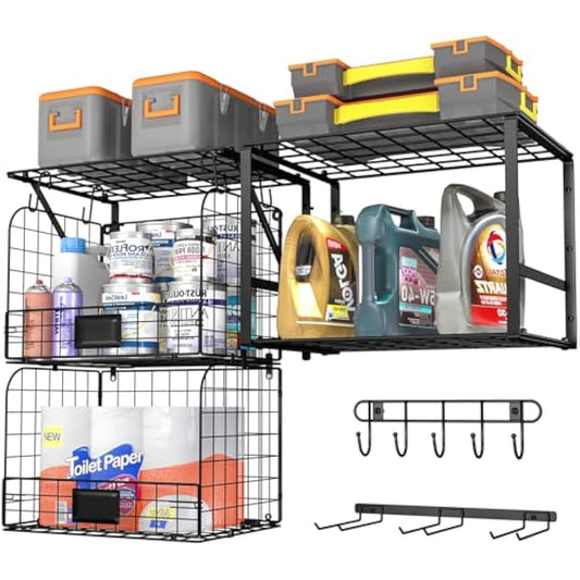 Garage Shelf Wall Mounted with Wire baskets, Heavy Duty Garage Wall Shelving with Garden Tool Rack and Hooks, Wire Shelf Baskets Tool Organizer for Home Garden Yard Organization and Storage