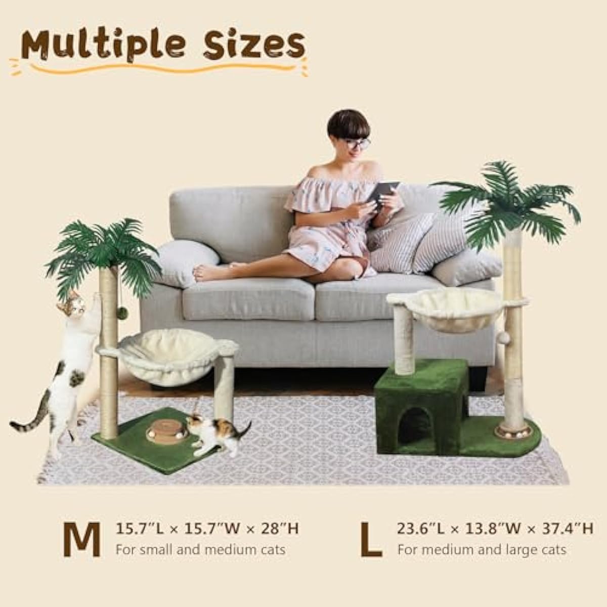 Cat Tree 38" Cat Tower with Large Hammock Metal, Cat Scratching Post for Indoor Cats with Condo, Cat Playground Track Balls and Bouncy Ball, Green and White