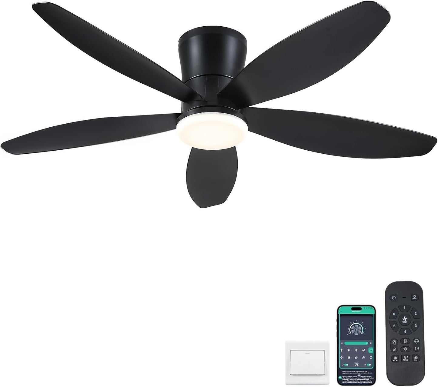 42" Ceiling Fans with Lights-Low Profile Ceiling Fan with Light and Remote/APP Control,Flush Mount,DC Reversible,LED Dimmable Blakc Ceiling Fans for Bedroom,Indoor/Outdoor Patio Use