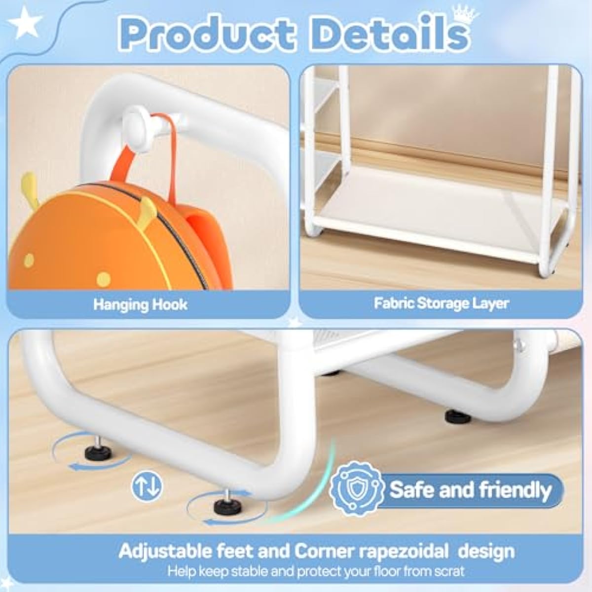 Kids Clothing Rack: Portable Kids Dress up Rack with 4 Storage Shelves & Coat Hook,Sturdy Closet Organizer for Toddler Baby Playroom Bedroom Use(Classic,White)