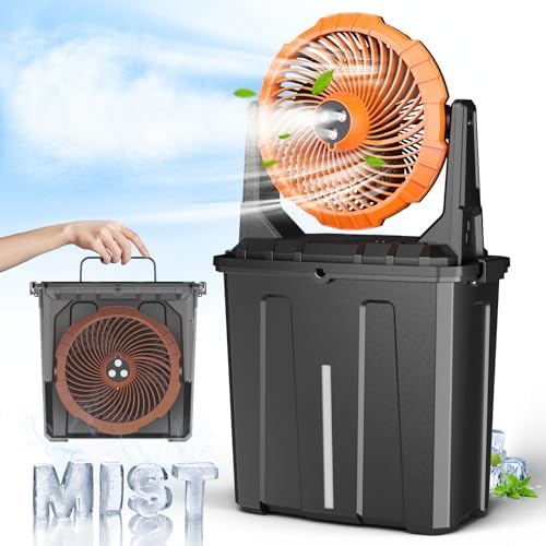 Ausic 9L Bucket Portable Misting Fan for Outdoors Patios - 10IN, 20000mAh Rechargeable Battery Operated Camping Fan, 3 Strong Winds, 3 Large Spray Outlets, for Fishing/Travel/Garden/Golf/Tent/Office