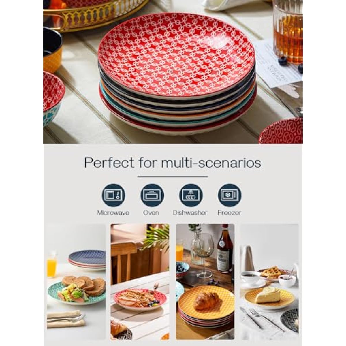 DOWAN 8.5" Salad Plates Set of 6, Ceramic Dessert Plate for Appetizer, Sushi, Microwave, Oven & Dishwasher Safe, Colorful Design Perfect for Party, Wedding, Birthday, Mothers Day Gifts