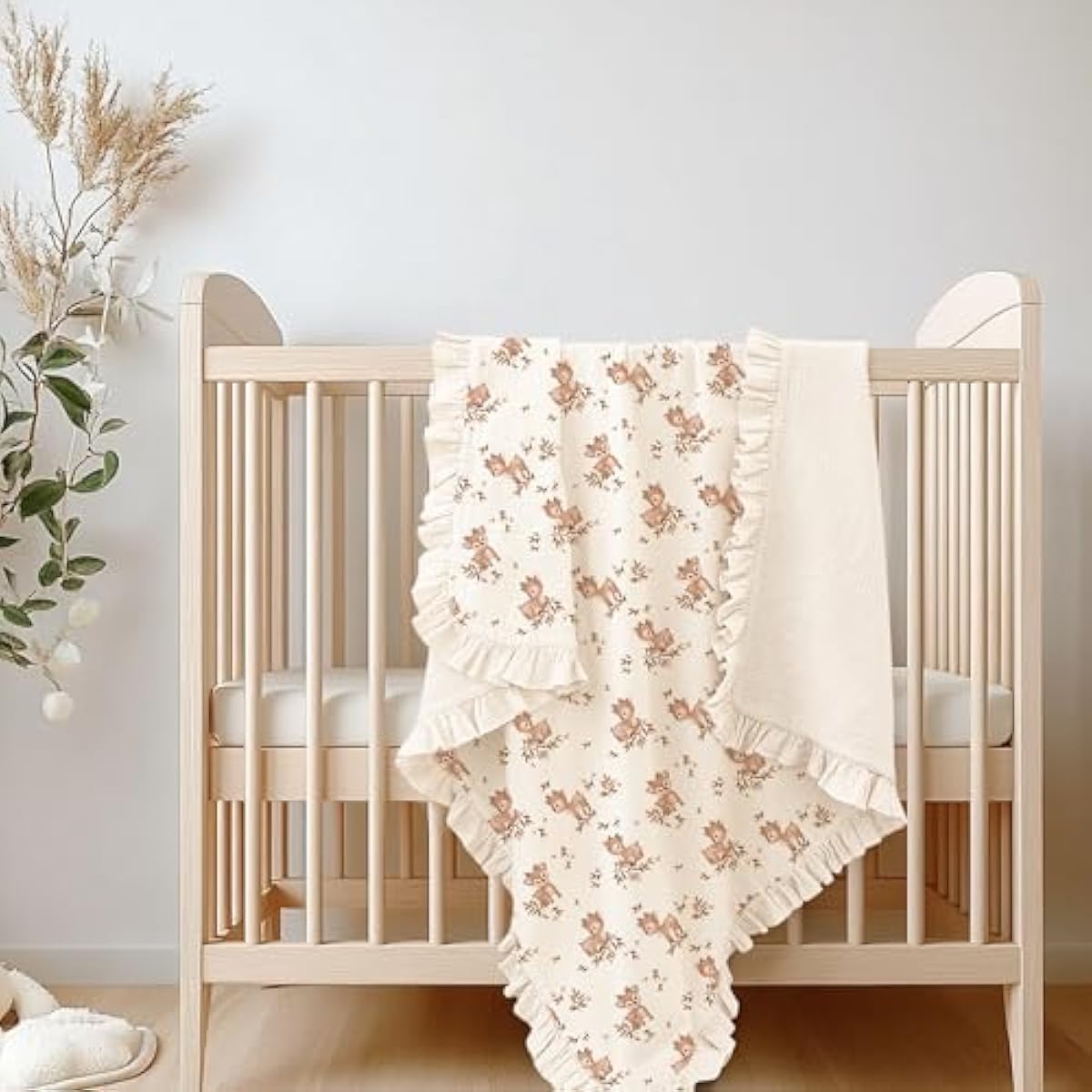 Konssy Flounce Muslin Baby Blanket for Girls Boys, 100% Cotton Soft Crib Swaddle Blankets, Reversible & Breathable Nursery Bedding for Newborns Toddlers, 40 x 36 Inches (Deer)