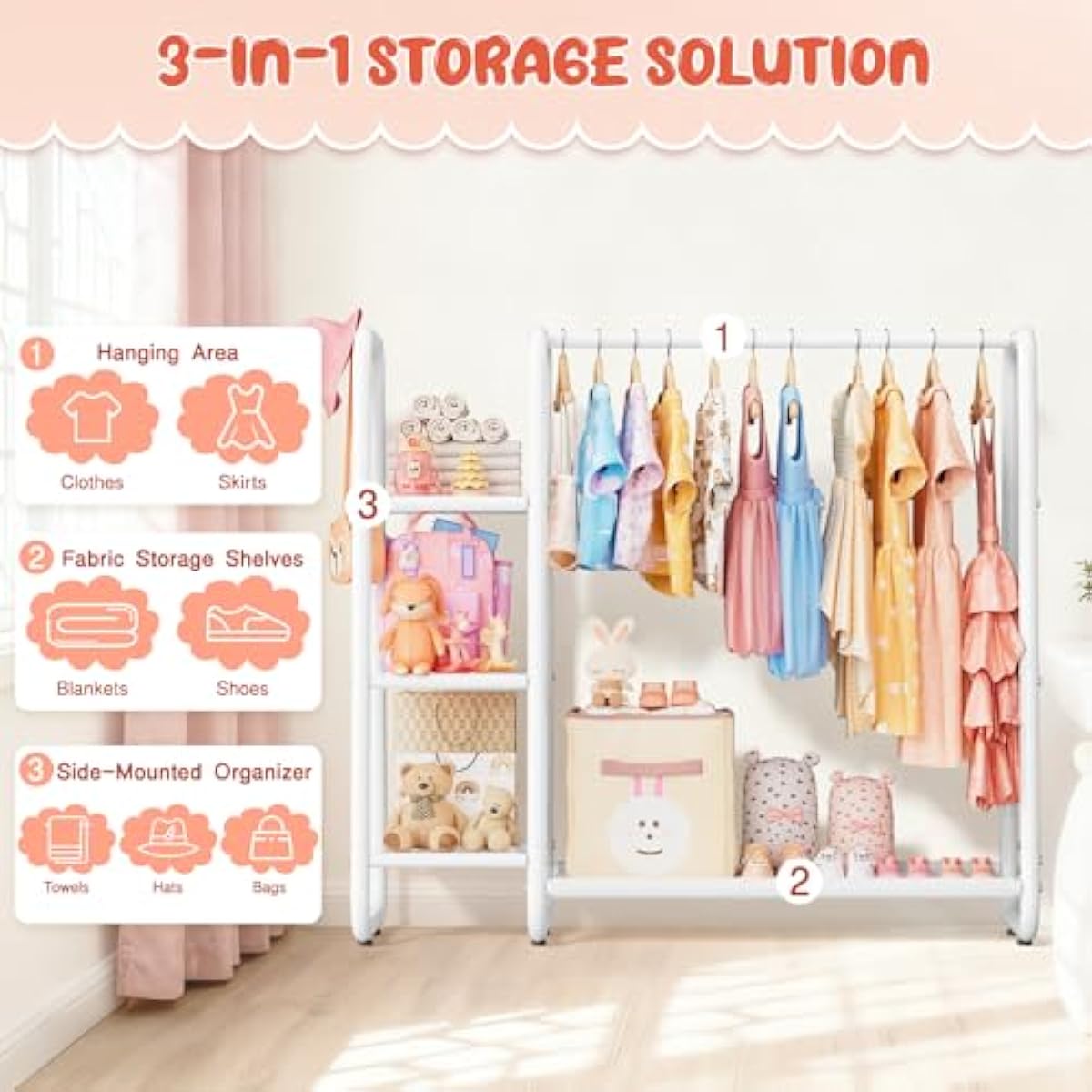 Kids Dress Up Storage with 4 Storage Shelf, More Storage Space Kids Clothing Rack for Costume Organizer Playroom Kids Girls Bedroom Nursery Organizer (Classic, White)