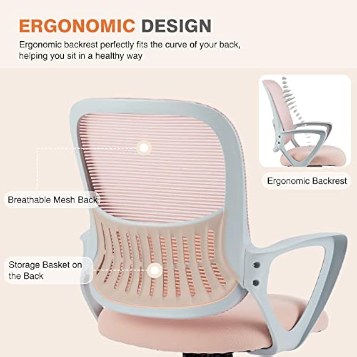 Sweetcrispy Ergonomic Mid-Back Mesh Home Office Desk Chair with Wheels, Lumbar Support, and Comfortable Armrests for Home, Bedroom, Study, Office