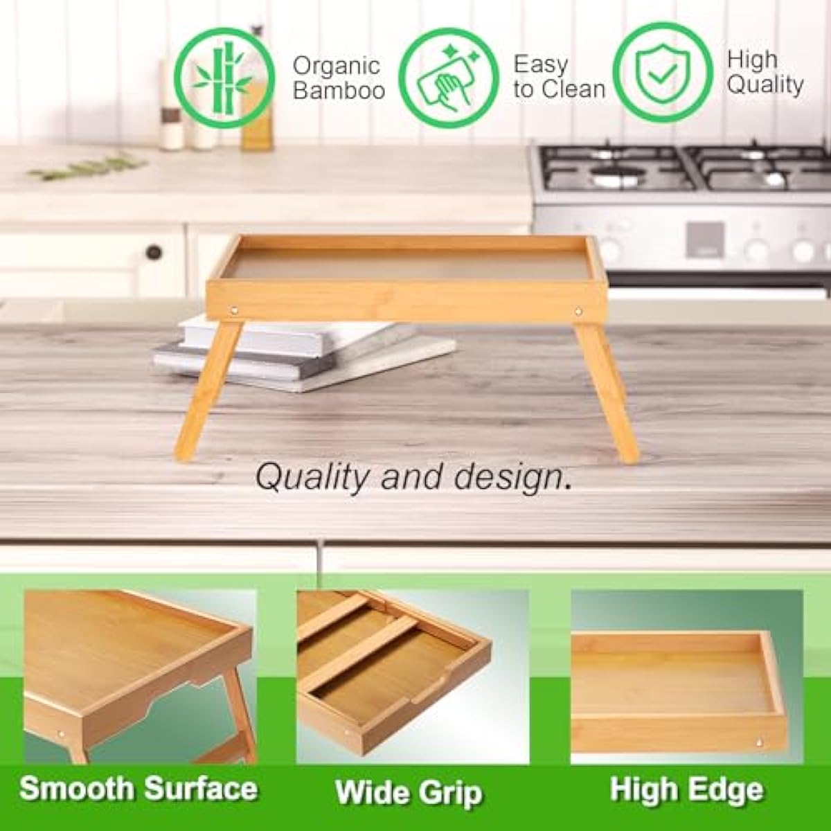 Fibogollo 2 Pack Bamboo Bed Tray Table with Folding Legs,Breakfast Trays,Serving Tray for Food and Snack,Laptop Trays for Working(Natural)