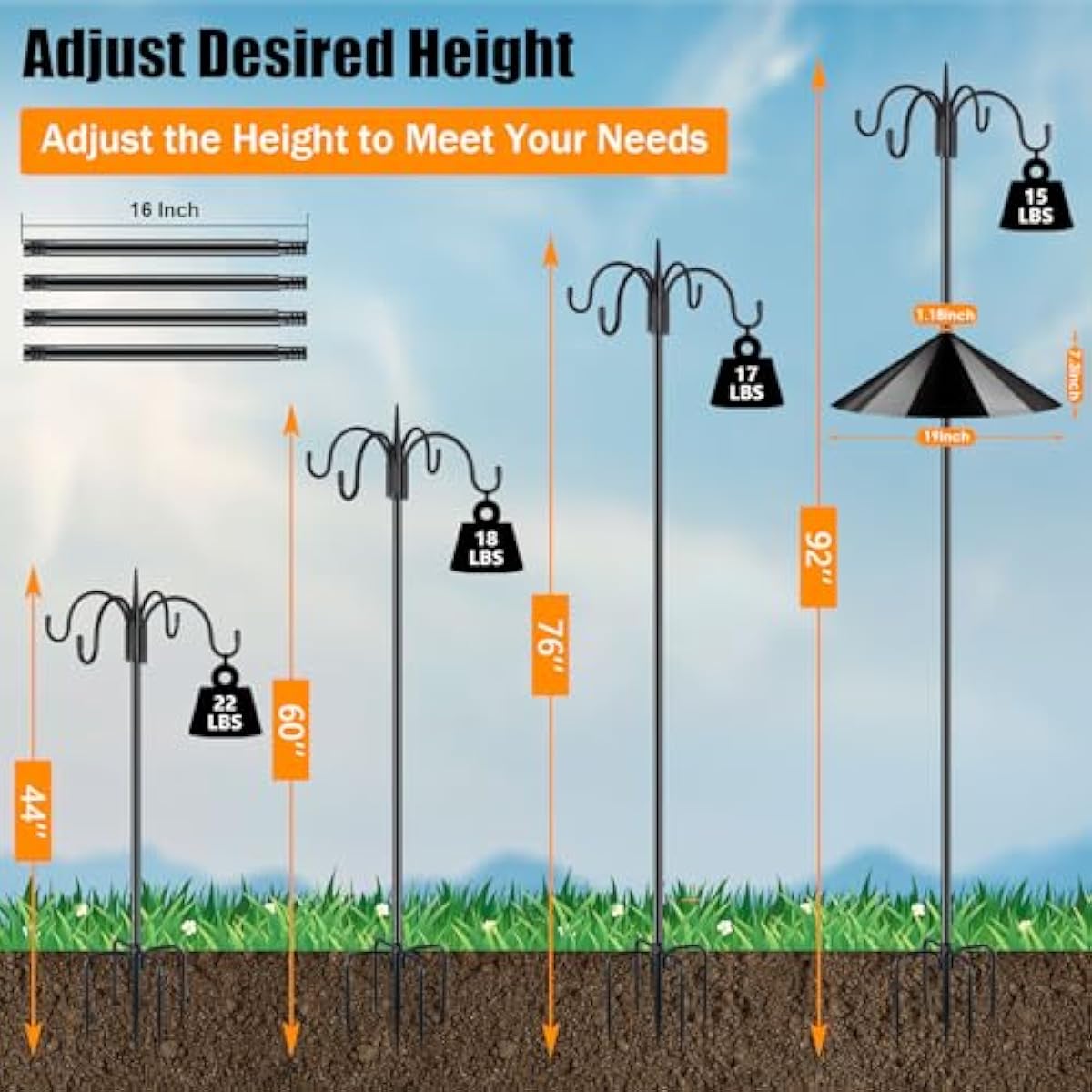 FEED GARDEN 4-Hook Squirrel-Proof Bird Feeder Pole - 92" Heavy-Duty Shepherd's Hook with 5-Prong Base & 19" Baffle for Multiple Feeders & Plants
