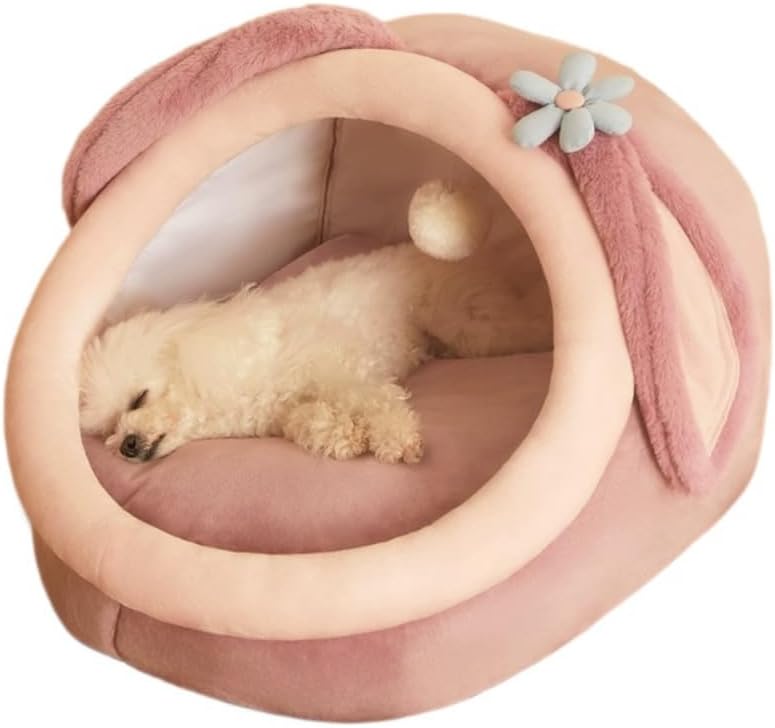 Warm Soft Cave Dog Bed & Cat Bed - Cute Indoor Pet Bed for Cats Up to 16 Lb, Small Dogs & Puppies, Cozy Cave Design for Cats and Puppies(Pink Rabbit,18.5''X14.17''X16.14'')
