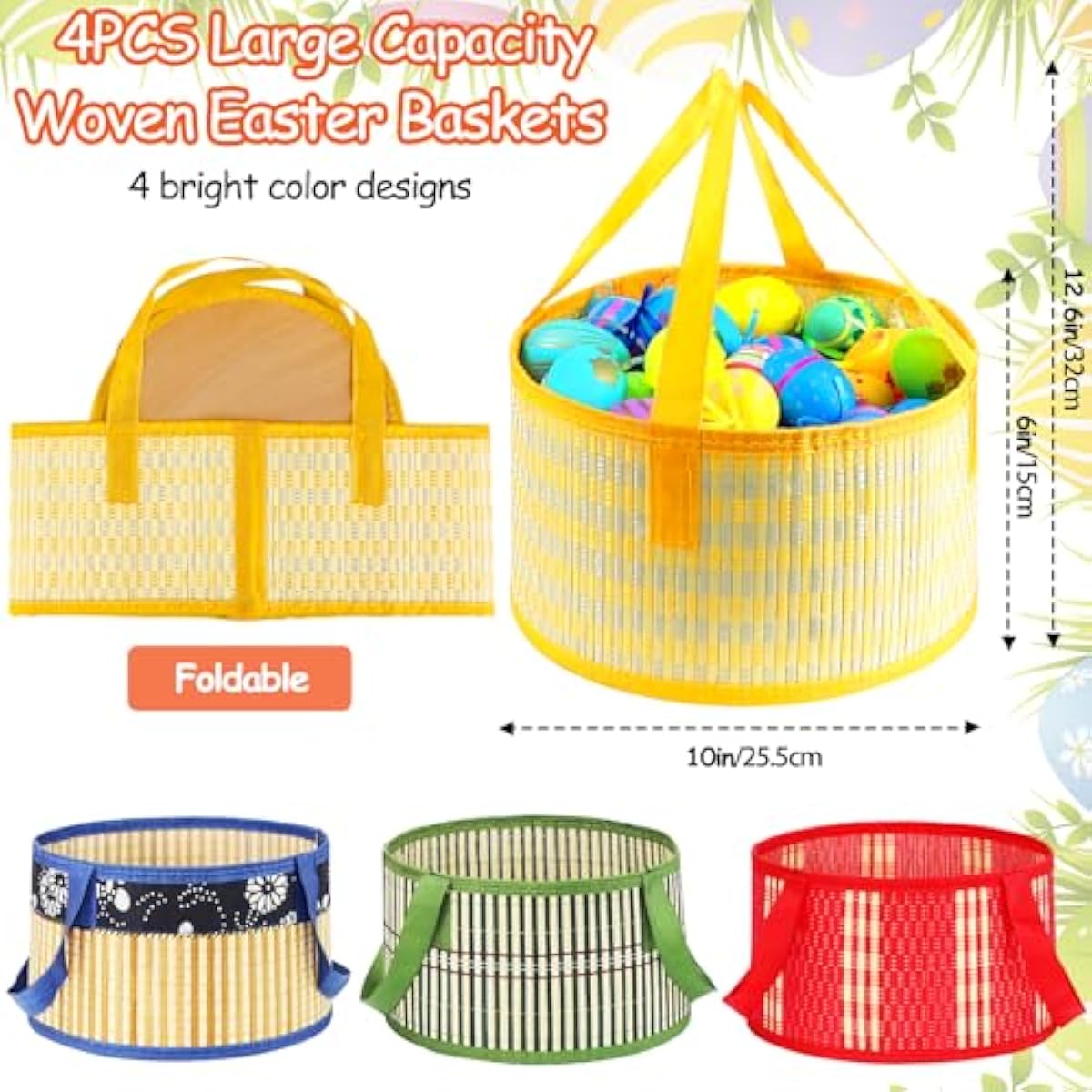 Foldable Easter Woven Bamboo Baskets Empty, 4 Pcs Easter Basket Bulk Set with Handle, Large Easter Baskets for Easter Egg Hunt Party Favor Picnic Supplies Gift Packing - Red Yellow Green Blue
