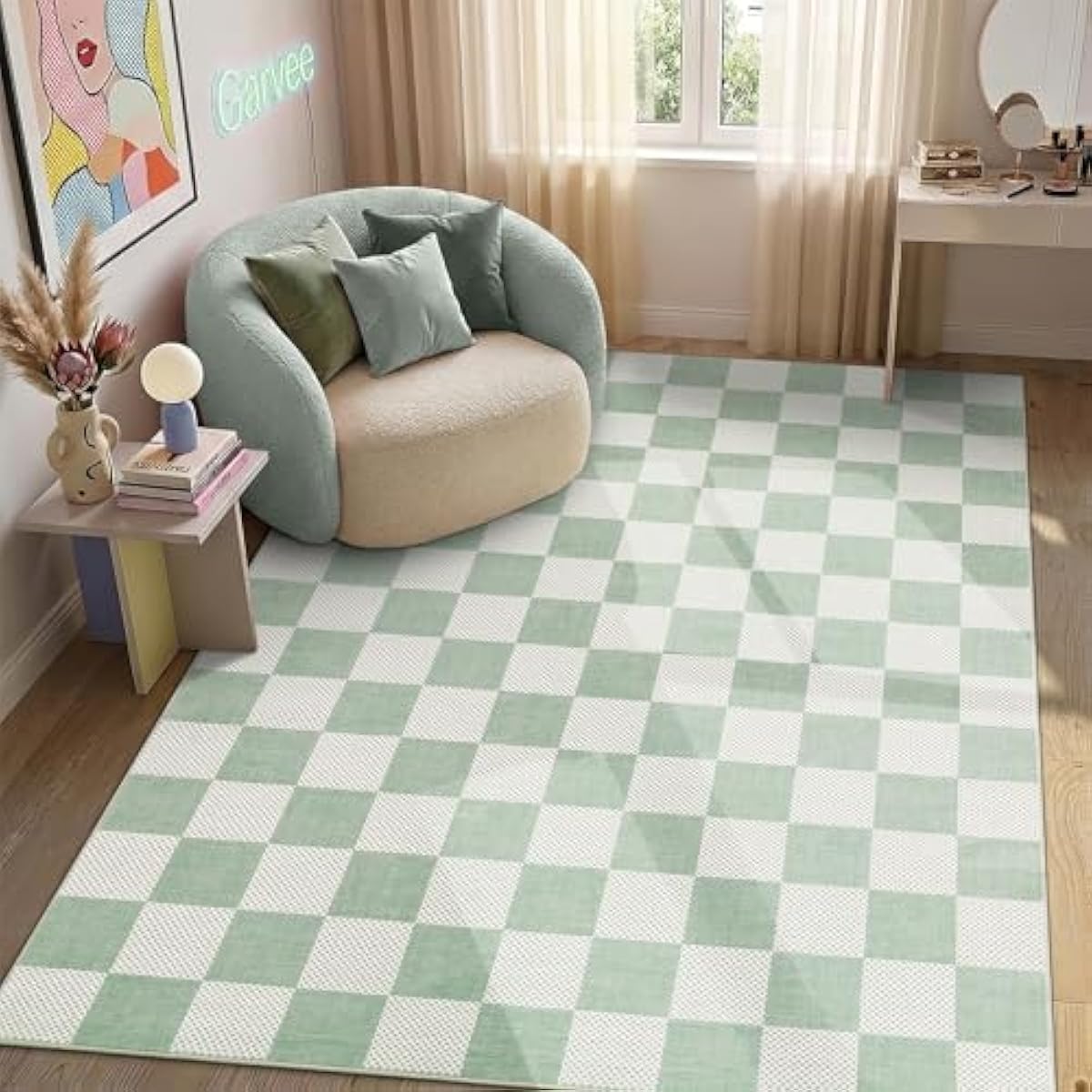 Checkered Sage Green 4x6 Washable Rug Geometric Diamond Dot Modern Soft Low-Pile Girls Small Rug for Bedroom Nursery Living Room Entryway Non-Slip TPE Backing