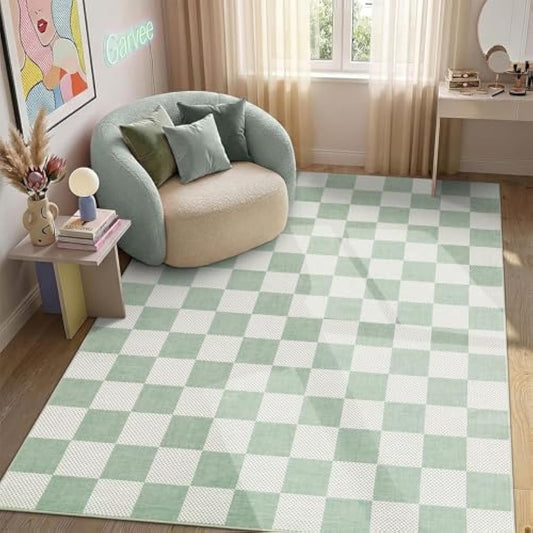 Checkered Sage Green 4x6 Washable Rug Geometric Diamond Dot Modern Soft Low-Pile Girls Small Rug for Bedroom Nursery Living Room Entryway Non-Slip TPE Backing