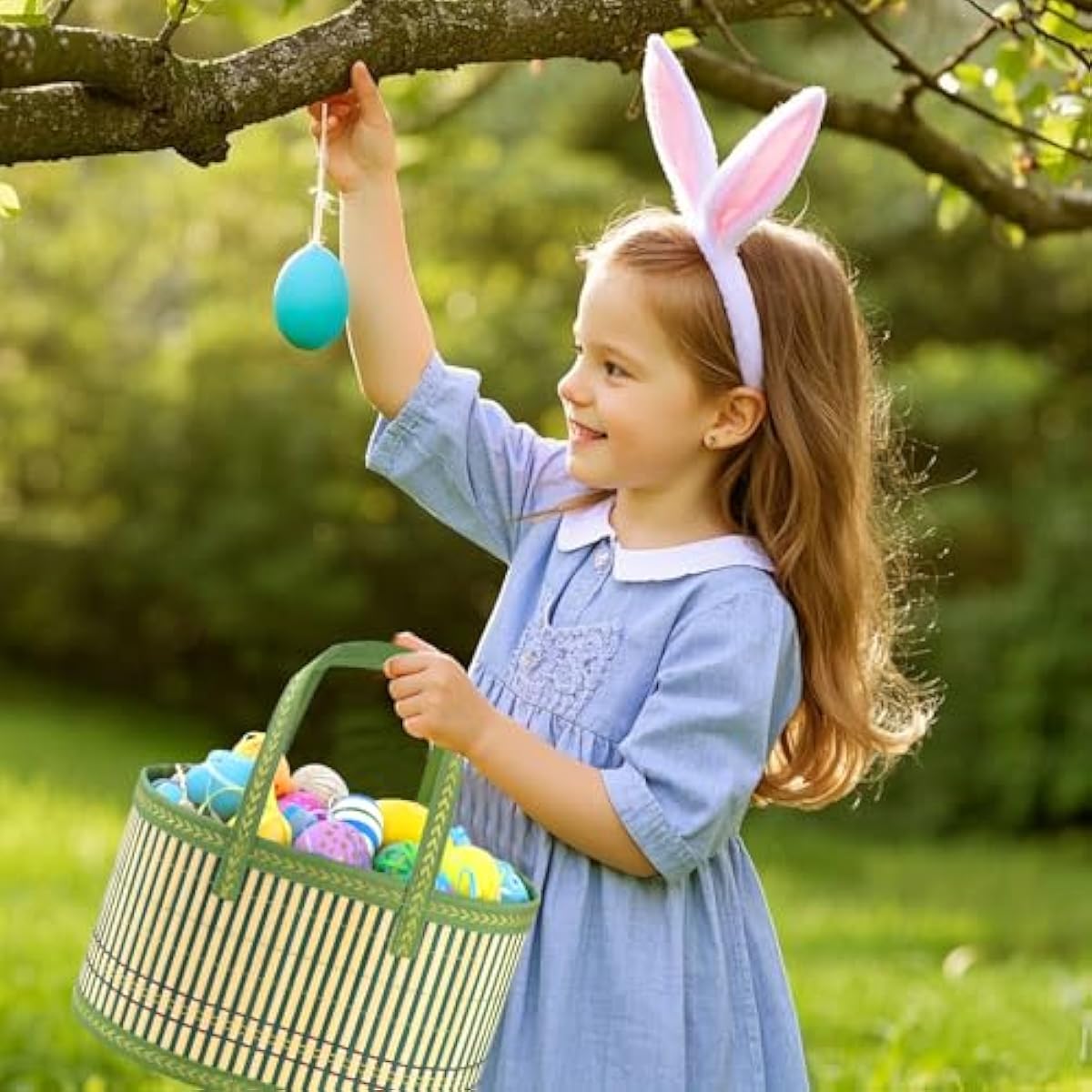 4Pcs Foldable Easter Woven Bamboo Baskets Empty, Oval Easter Basket Bulk Set with Handle, Large Easter Baskets for Easter Egg Hunt Party Favor Picnic Supplies Gift Packing - Pink Yellow Green Blue