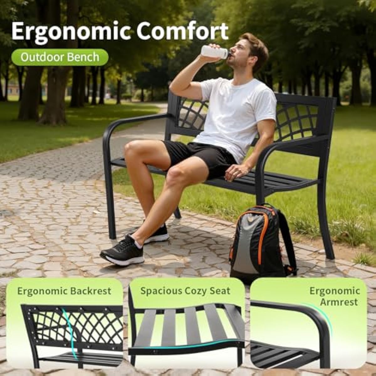 Garden Bench,Outdoor Benches,Iron Steel Frame Patio Bench with Mesh Pattern and Plastic Backrest Armrests for Lawn Yard Porch Work Entryway,Black
