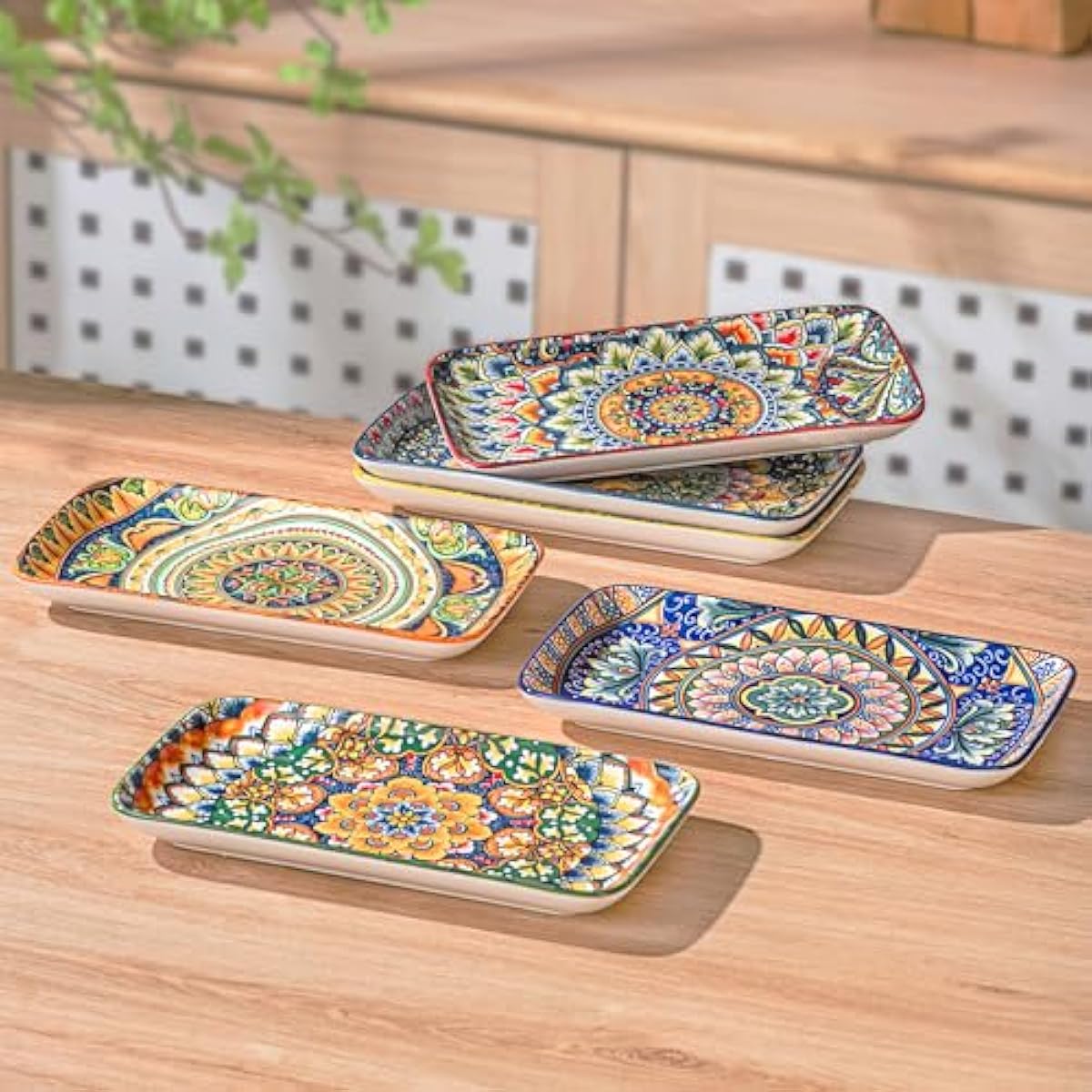 Henten Home Ceramic 8 Inch Salad Plates, Rectangular Salad Plate Set of 6, Bohemian Serving Dishes for Sushi, Appetizer, Cake, Sashimi, Microwave & Dishwasher Safe