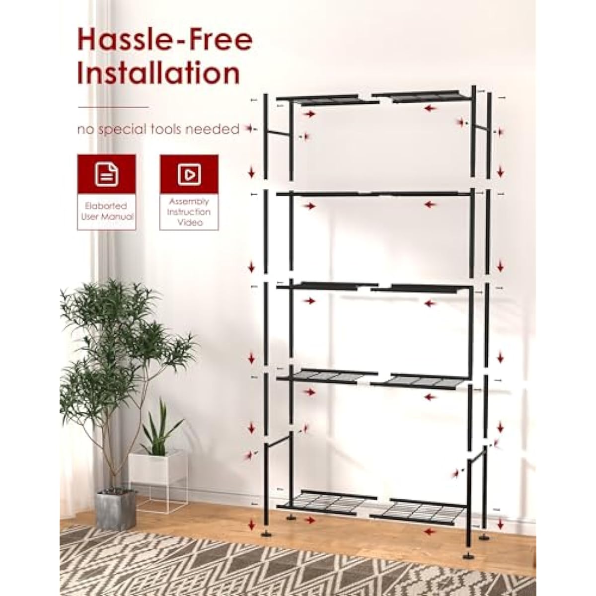 Storage Shelves - 5 Tier Shelf Organizer, Heavy Duty Garage Shelving Unit with Leveling Feet, Stable Metal Shelves Organizer for Pantry, Kitchen and Closet, 33.0" W x 12.6" D x 72.0" H, Black