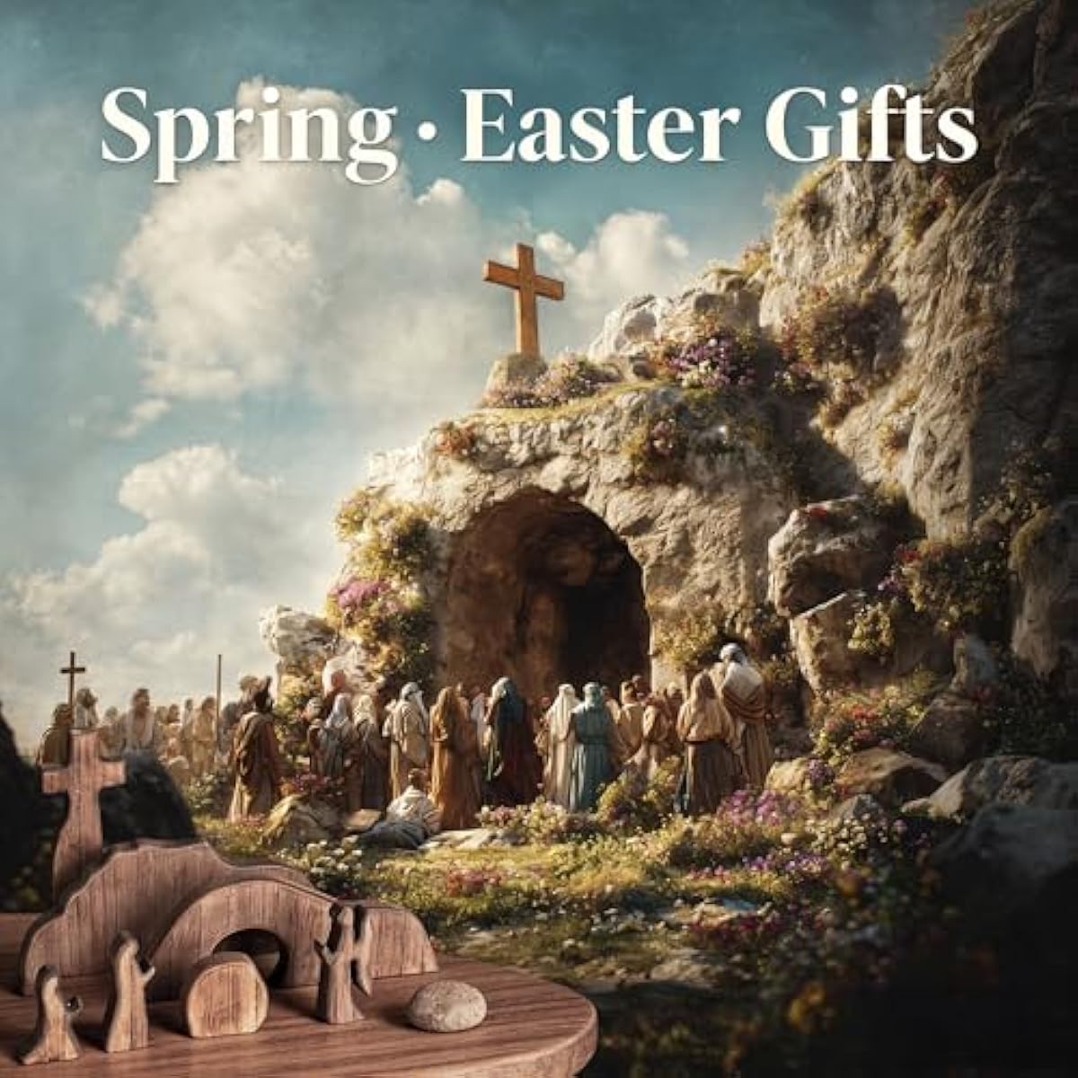 NEROSUN Empty Tomb Easter Scene and Cross Decoration, Wooden Easter Resurrection Scene Cross Jesus Tomb Tray Set, Jesus Nativity Scene Decor for Religious Home Office Tabletop Christian Gifts