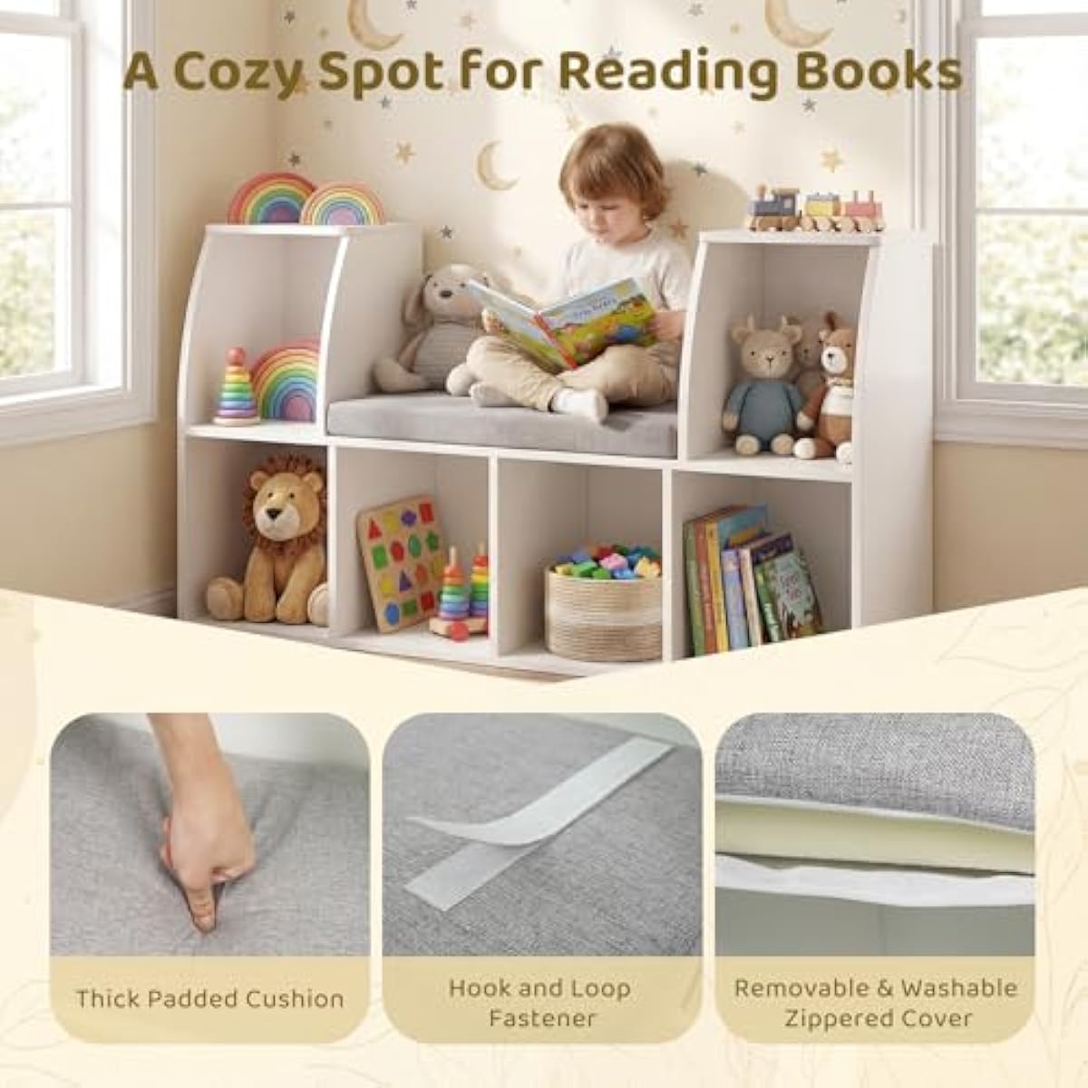 Costzon Kids Bookshelf with Reading Nook, 6 Cubby Bookcase with Soft Seat Cushion, Wooden Toy Storage Organizer with Bench, Book Shelf for Kids Room, Playroom, Nursery, Daycare