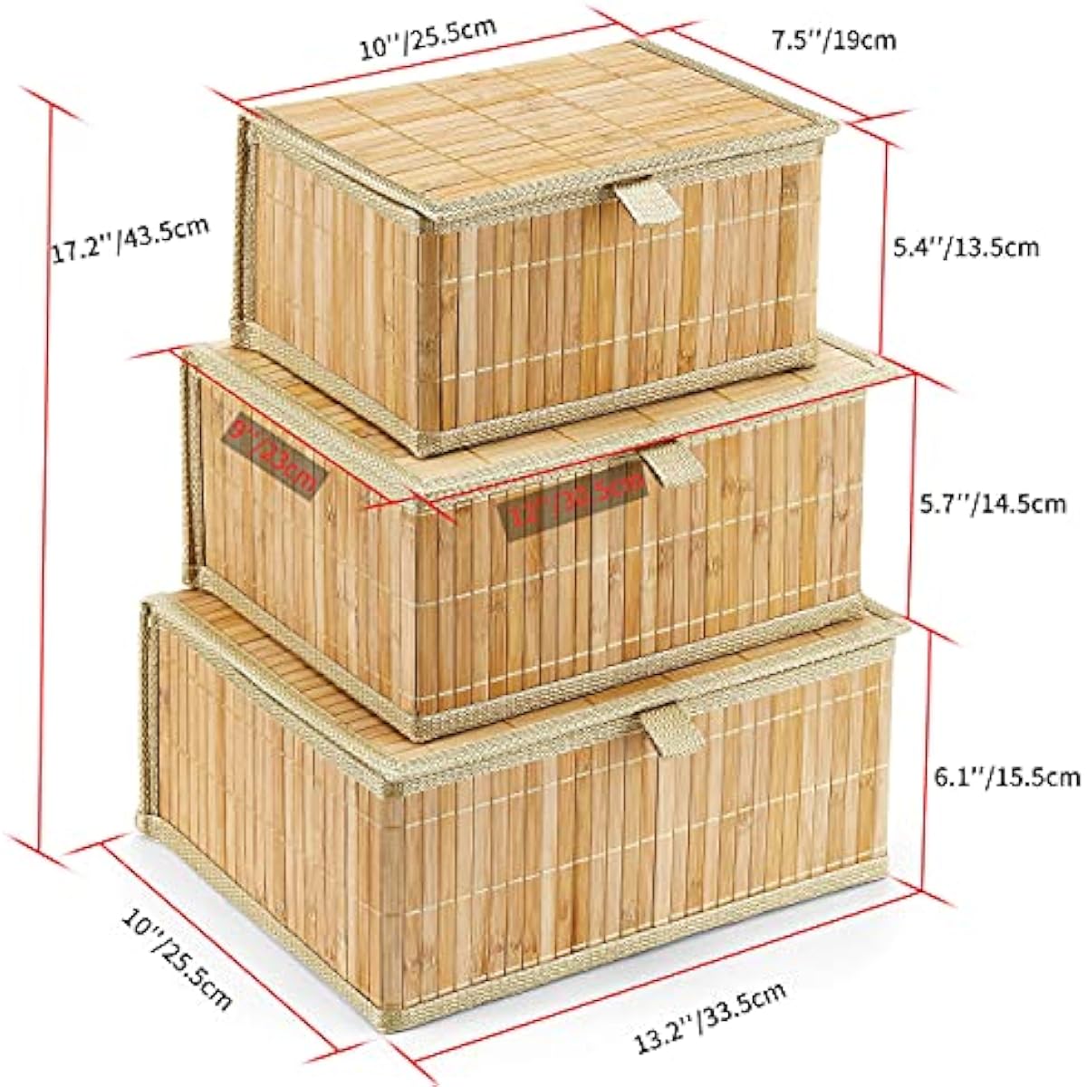 Honygebia Bamboo Decorative Storage Boxes - Set of 3 Woven Lined Storage Basket with Lids, Beige Wicker Lidded Baskets for Home Kitchen Shelf Organizer Decor