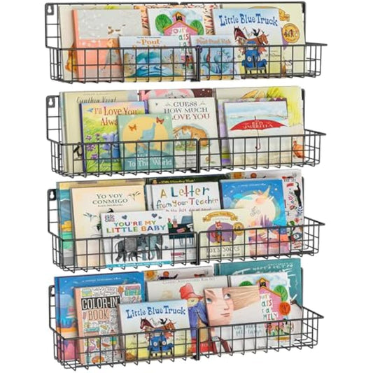 X-cosrack 24 Inch Wall Mounted Kids Bookshelf, Floating Metal Book Shelves for Kids Nursery Toddler Classroom, Hanging Book Shelf Organizer for Room Decor, Black, Set of 4