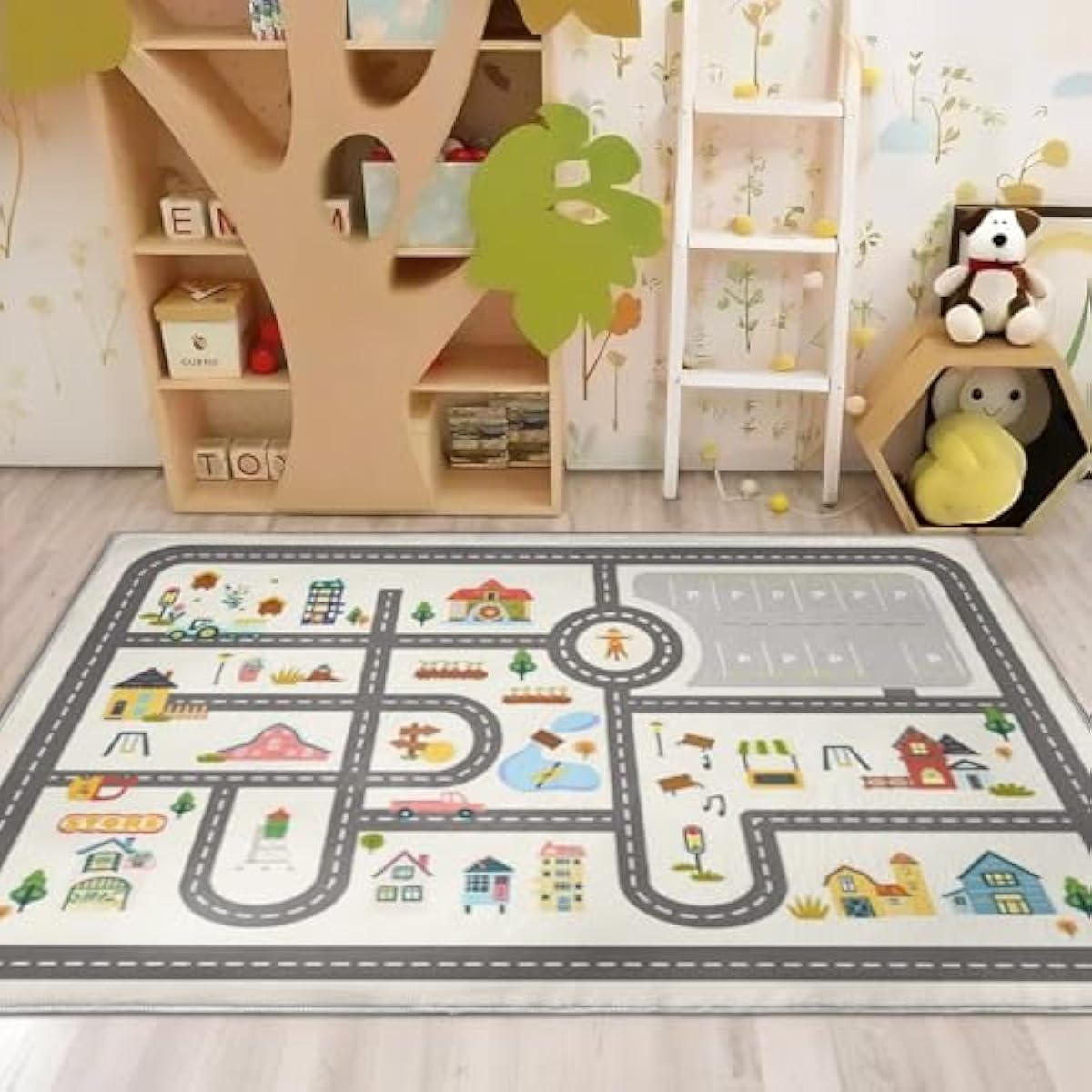 5x7ft Kids Town Road Play Rug - Non-Slip Faux Wool Carpet with Interactive City Map Design, Educational Toy Vehicle Mat for Kids, Bedroom Playroom Nursery Gift.