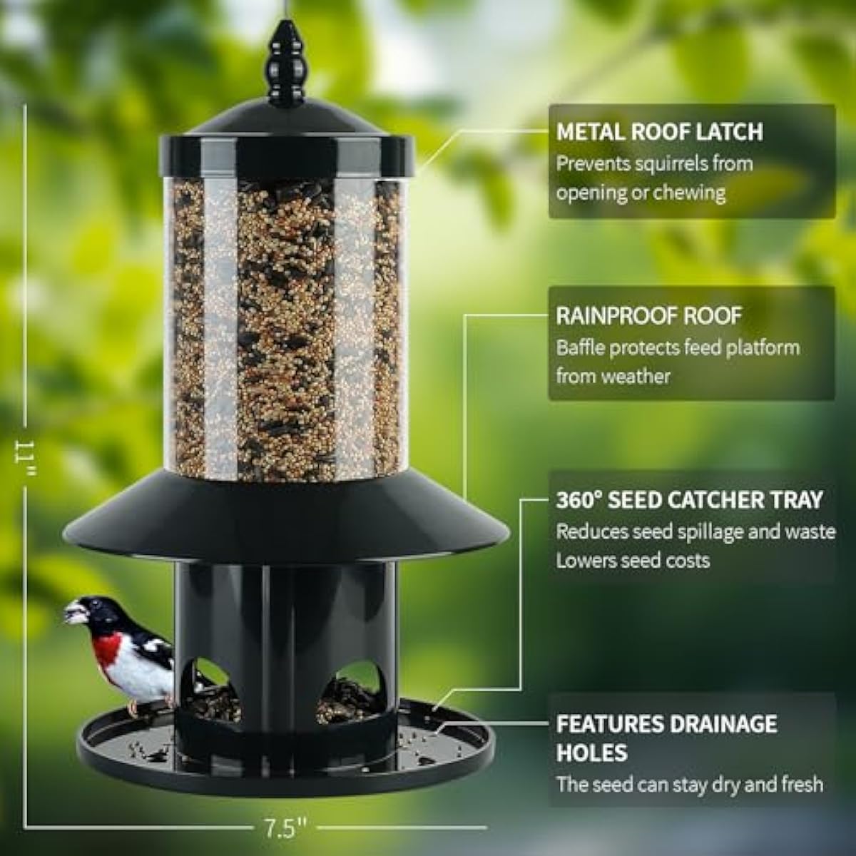 Squirrel Proof Bird Feeder - 360° Feeding Perch Tray for Outdoor Hanging Wild Bird Seeds, Dark Green.
