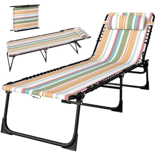 Outsunny Folding Chaise Lounge Chair, Patio Sun Tanning Chair, Outdoor Chaise Lounger with 4-Position Reclining Back, Breathable Mesh Seat for Beach, Poolside, Yard, Rainbow Striped