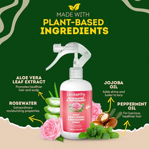Loc Spray - Locsanity Daily Moisturizing Rosewater & Peppermint Spray for Locs, Dreadlocks - Lightweight Frizz Control Hair & Scalp Moisturizer - Natural Loc Care (12 fl oz)