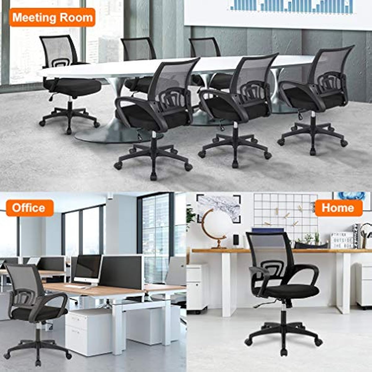 BestOffice | Ergonomic Office Chair | Mid-Back Swivel Desk Chair | Breathable Backrest & Lumbar Support | Adjustable Height | Sponge Seat | Rolling Wheels | Black | for Adults & Women