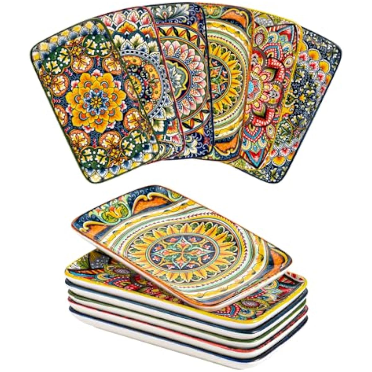 Henten Home Ceramic 8 Inch Salad Plates, Rectangular Salad Plate Set of 6, Bohemian Serving Dishes for Sushi, Appetizer, Cake, Sashimi, Microwave & Dishwasher Safe