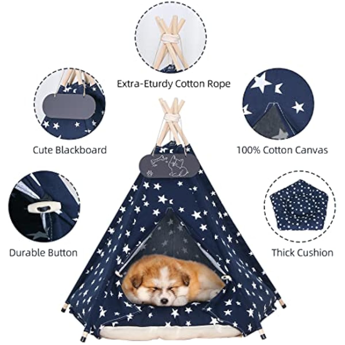 Pet Teepee Tent for Dogs & Cats Dog Bed with Thick Cushion Puppies Play House Removable and Washable