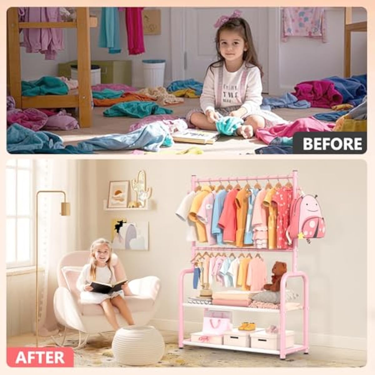 Kids Clothing Rack with 2-Layer Storage Shelf and 2 Adjustable Hanging Rods, Dress Up Rack for Hanging Clothes,Dress up Storage for Baby Toddle Kids(Classic, Pink)