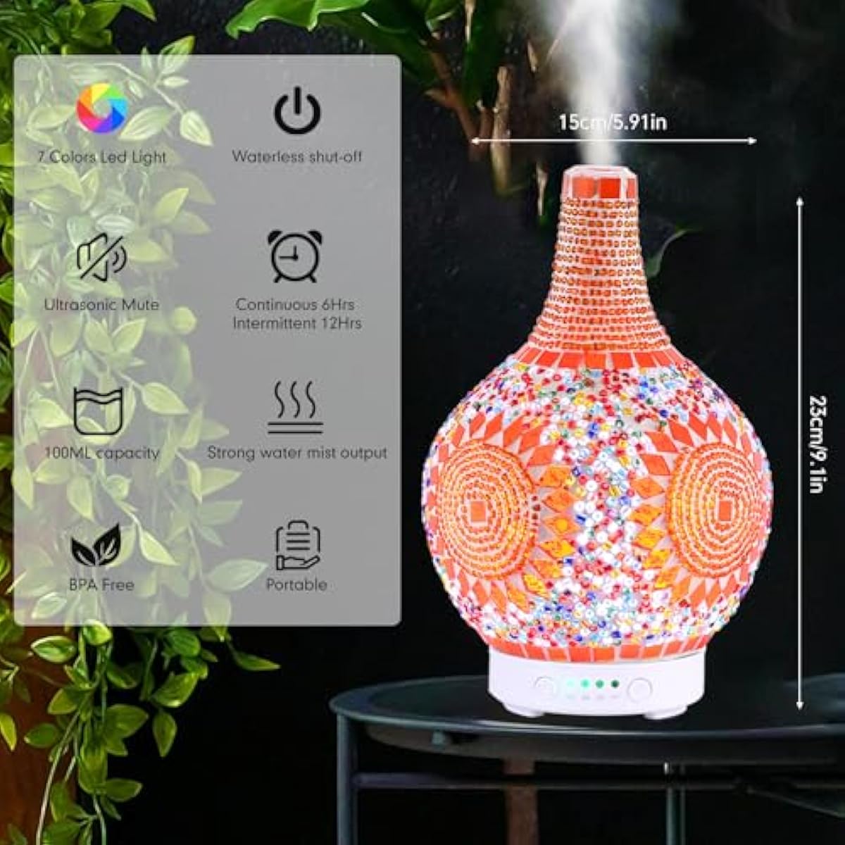 Mosaic Glass Essential Oil Diffuser,Tiffany Aromatherapy Diffuser Sunflower Pattern 100ml Turkish Moroccan Color Changing Aroma Ultrasonic Diffusers Cool Mist Air diffuser for Sleeping SPA Office Home